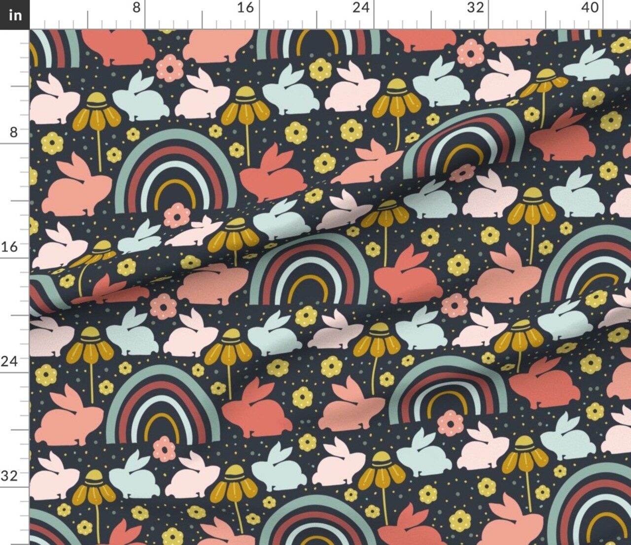Spring Rabbit Coral Pink Aqua Yellow Easter Bunny Rainbow Boho Bunnies Custom Printed Fabric by Spoonflower Various Fabrics by the Yard or Fat Quarter